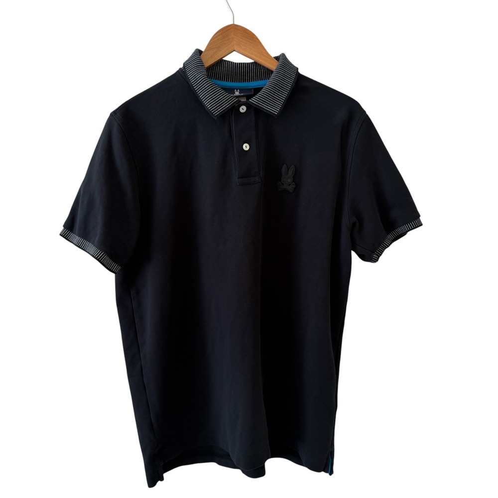 Psycho Bunny Polo Shirt Mens Size 6/L Gray Black Striped Collar Logo Casual